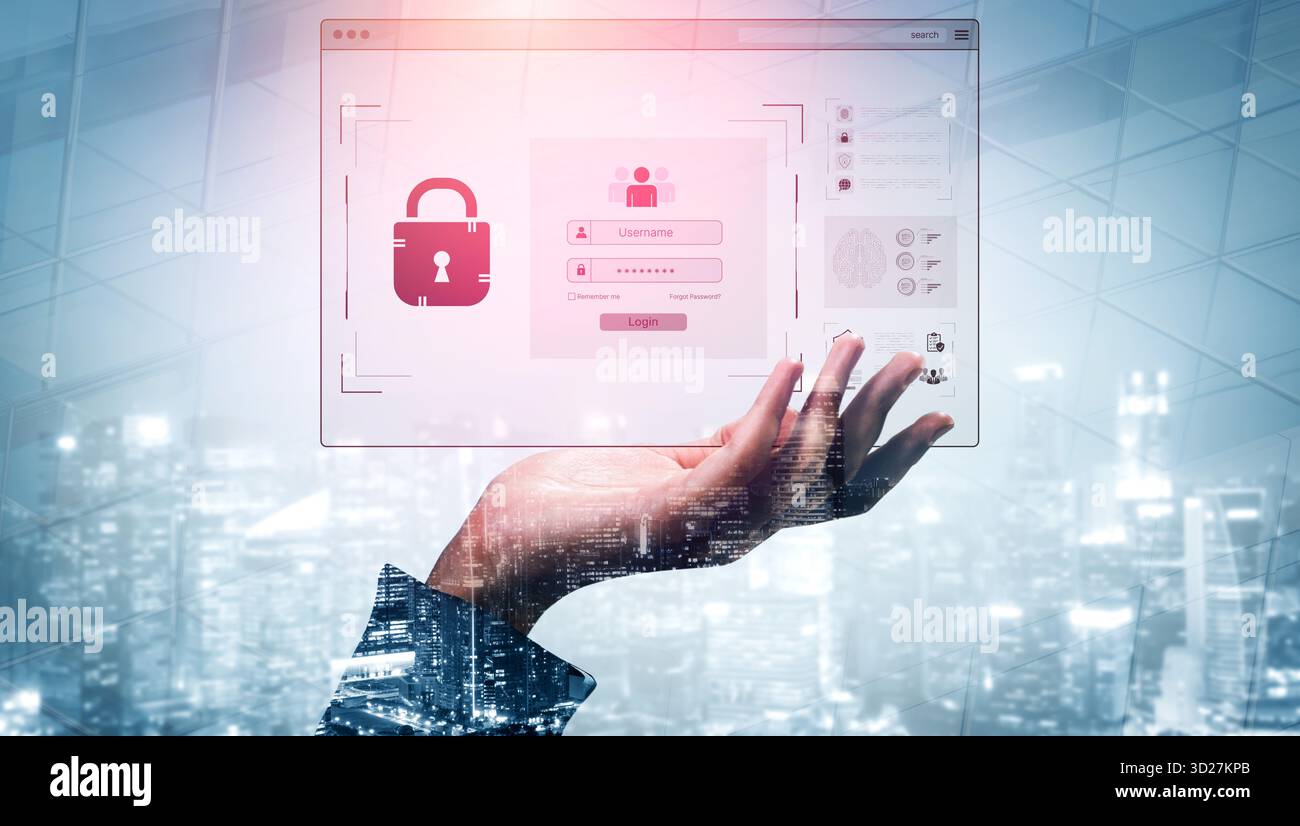 Concetto di sicurezza informatica e riservatezza dei dati. Un'interfaccia di accesso sicura richiede l'autenticazione dell'utente con una password privata per proteggere l'account personale i. Foto Stock