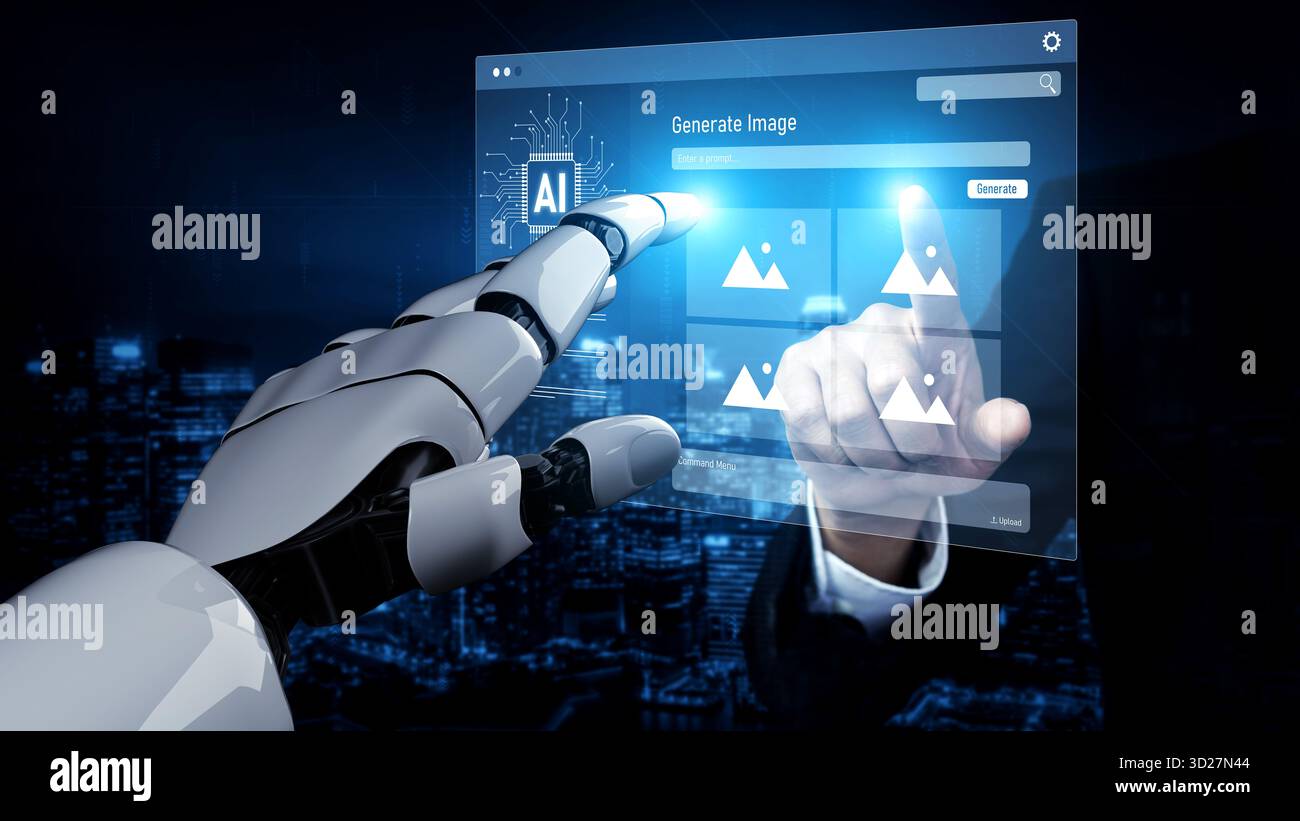 Piattaforma DI INTELLIGENZA ARTIFICIALE che genera immagini artistiche con interfaccia dinamica. I contenuti generati DALL'INTELLIGENZA artificiale vengono visualizzati nella galleria di immagini vista intelligenza artificiale. Genrative ai loa Foto Stock