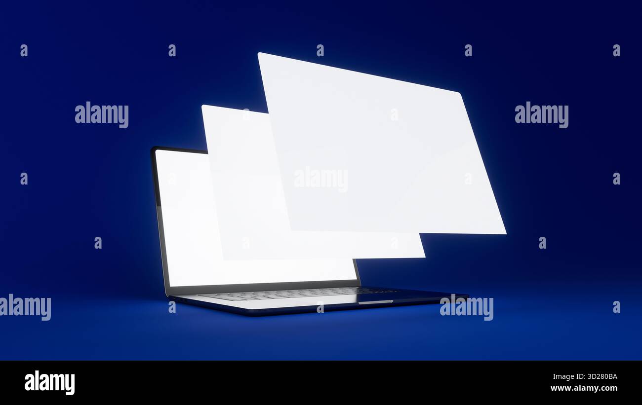 Notebook con tre schermi mobili in primo piano. Sfondo blu. Modello vuoto per la progettazione del sito Web. Pronto per il layout. resa ad alta risoluzione Foto Stock