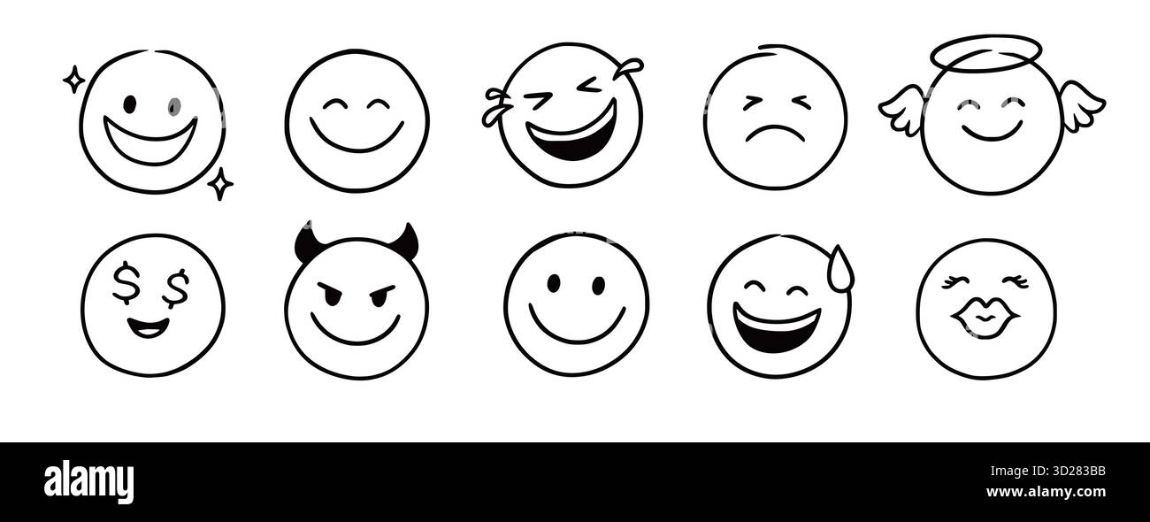 Set di icone emoji viso. Disegnato a mano stile boodle sketch Happy, arrabbiato, triste sfondo emoticon del viso. Simpatici personaggi dei cartoni animati sorridono, strizzano, baciano emoji. Grazioso elemento di emozione circolare. Illustrazione vettoriale Illustrazione Vettoriale