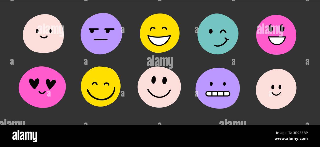 Set di adesivi con icona emoji per il sorriso del viso. Simpatico adesivo emoji per il viso divertente in stile doodle per bambini. Divertente emoticon cartoni animati cuore, stella, fiore alla moda forma del personaggio. Illustrazione vettoriale Illustrazione Vettoriale