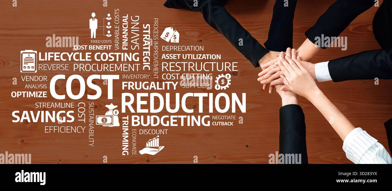 Un team diversificato collabora alle strategie di riduzione dei costi, concentrandosi sul budget e sull'efficienza per migliorare le prestazioni finanziarie e ottenere sostenibilità Foto Stock