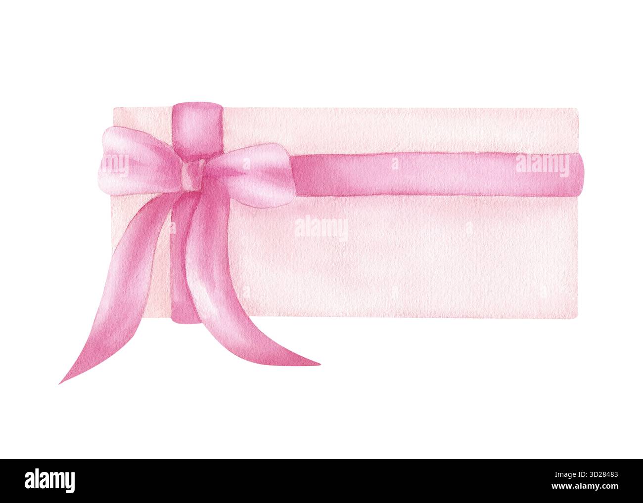 Busta per lettera con fiocco rosa, nastro. Delicata illustrazione ad acquerello disegnata a mano con ombra morbida isolata dallo sfondo. Per l'accordo su Foto Stock