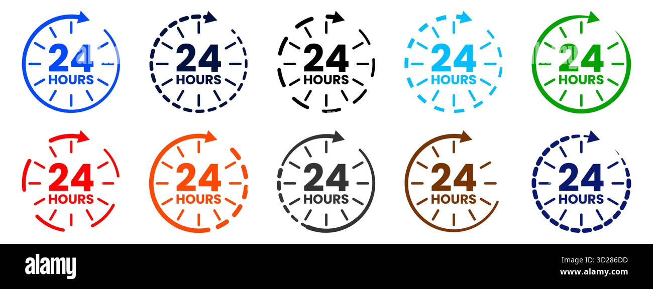 Set di icone di assistenza 24 ore, simbolo dell'ora della freccia dell'orologio, intorno alla raccolta di logo di supporto dell'orologio Illustrazione Vettoriale