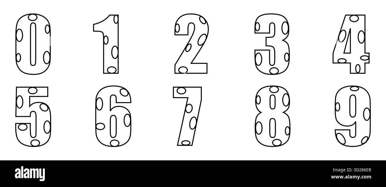 Cifre di contorno per la pagina dei libri da colorare per bambini giocosi da 0 a 9 numeri per l'educazione dei bambini Illustrazione Vettoriale