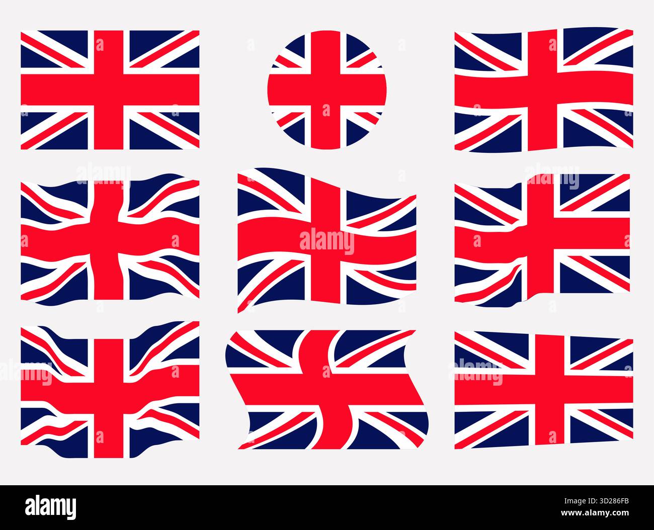 Bandiera del regno unito imposta vettore in vari stili di prospettiva cerchio ondulato bandiere nazionali del paese del Regno Unito Illustrazione Vettoriale