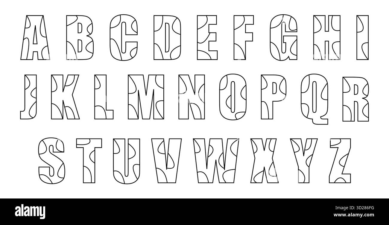 Contorno decorativo abc lettere per bambini da colorare libri da pagina a a z alfabeti giocosi font Illustrazione Vettoriale