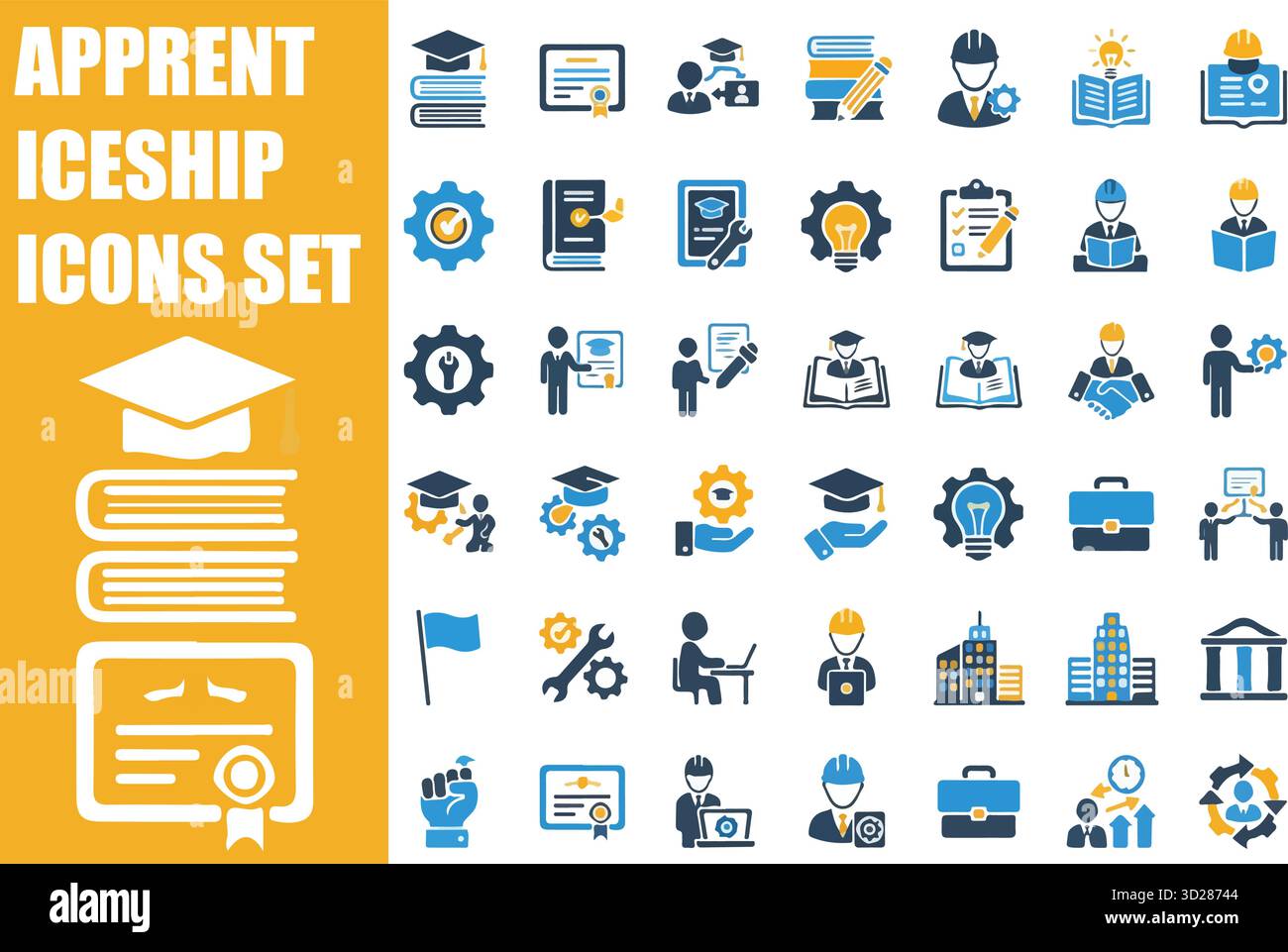 Set icone profilo apprendistato. Raccolta di simboli di ricerca di lavoro, formazione, opportunità di carriera e formazione. Illustrazione Vettoriale