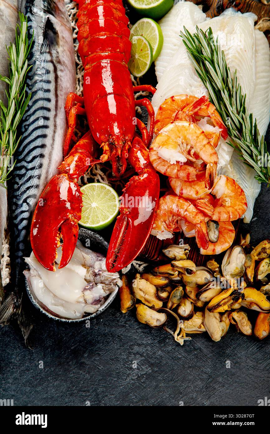 Varietà di pesce fresco ed erbe aromatiche. Pesce fresco e specialità di pesce. Vista dall'alto. Foto Stock