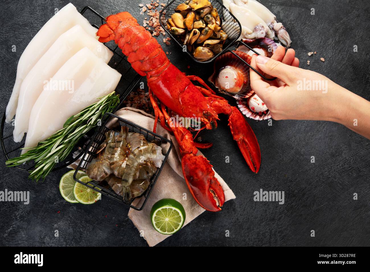 Varietà di pesce fresco ed erbe aromatiche. Pesce fresco e specialità di pesce. Vista dall'alto. Foto Stock