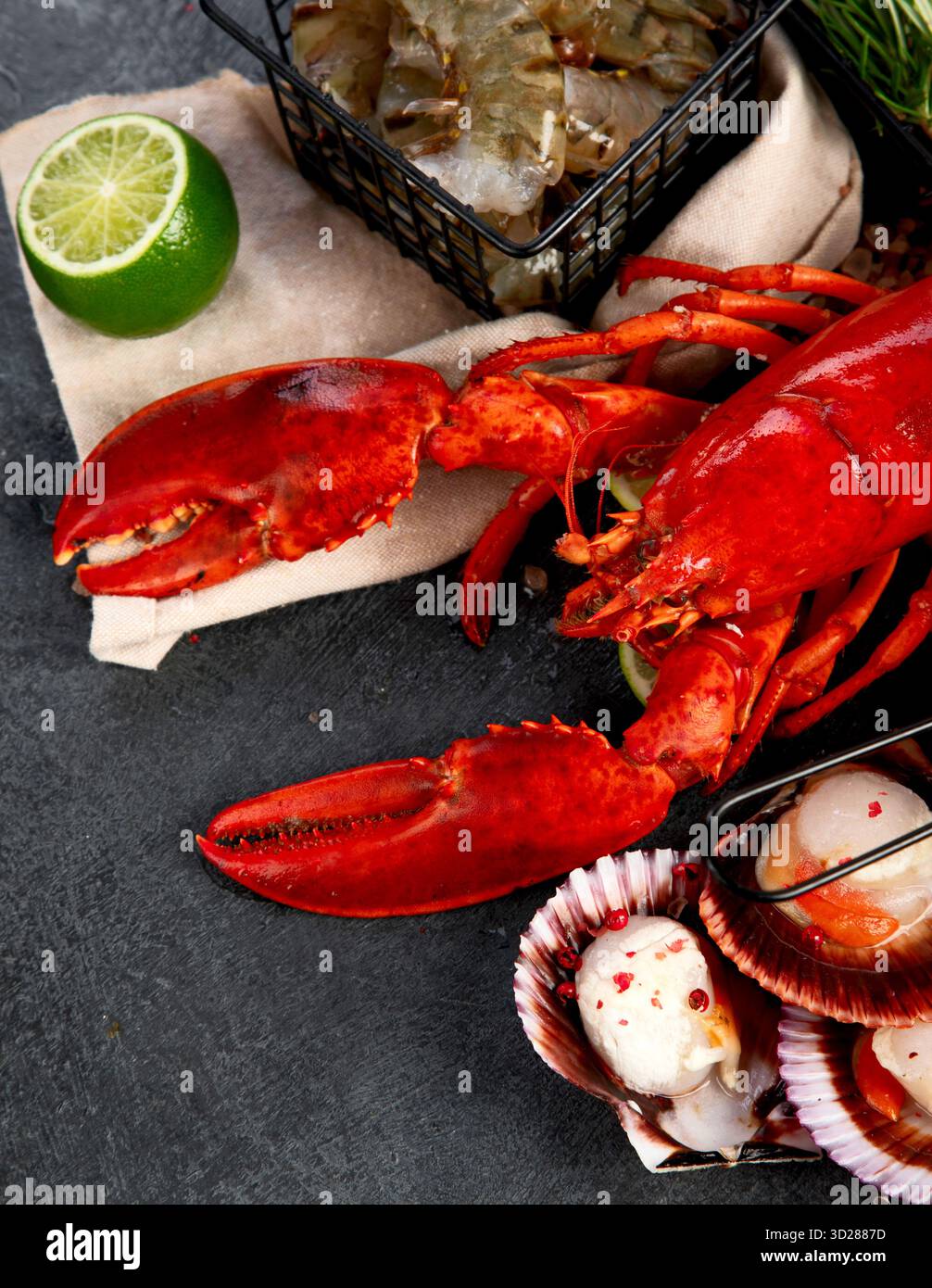 Varietà di pesce fresco ed erbe aromatiche. Pesce fresco e specialità di pesce. Vista dall'alto. Foto Stock