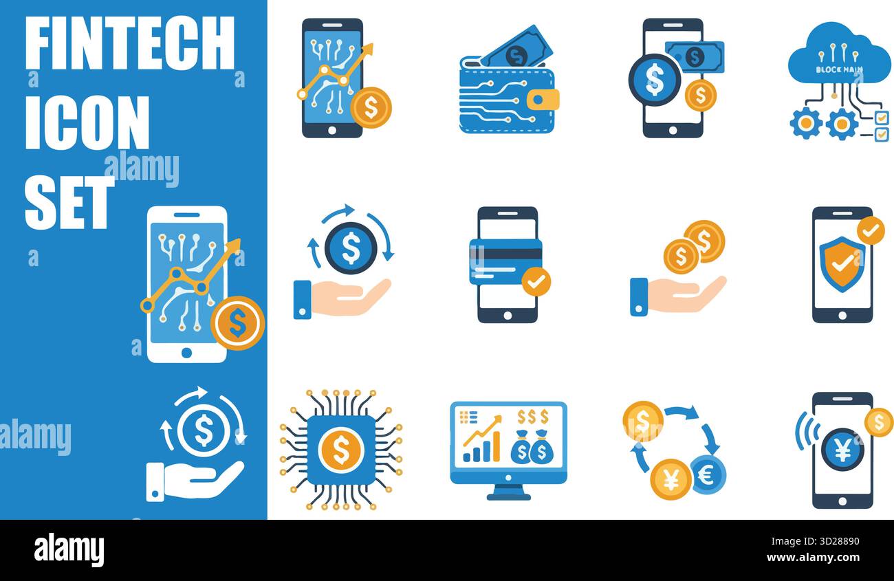 Set icone contorno Fintech. Pagamento, portafoglio crittografico, Mobile Banking, investimento e raccolta di simboli di trasferimento digitale. Illustrazione Vettoriale
