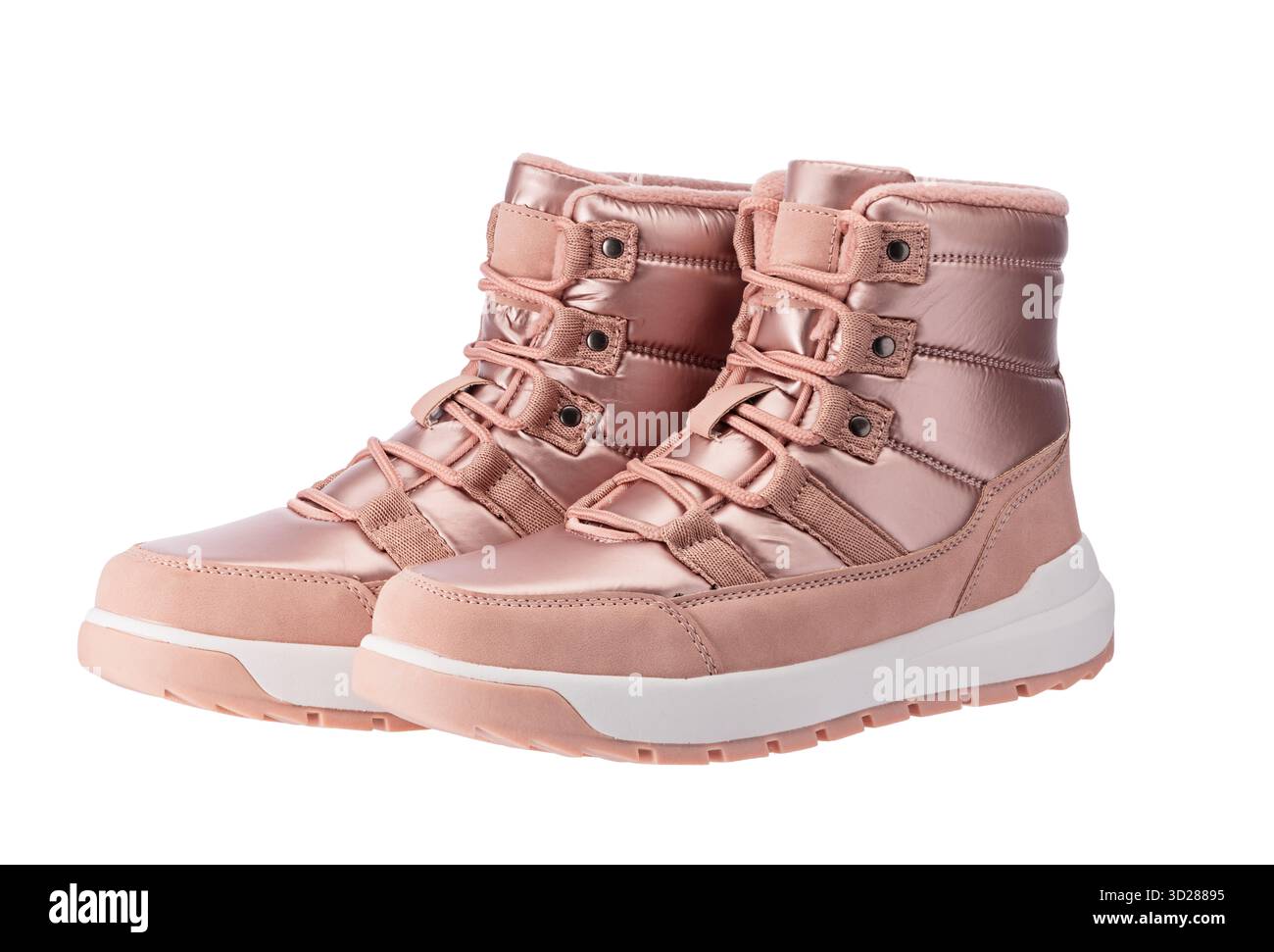 Scarpe per bambini Stivali da trekking marroni con puntale nero e suola bianca per avventure all'aperto scarpe da trail durevoli per la stagione autunnale e invernale isolate Foto Stock