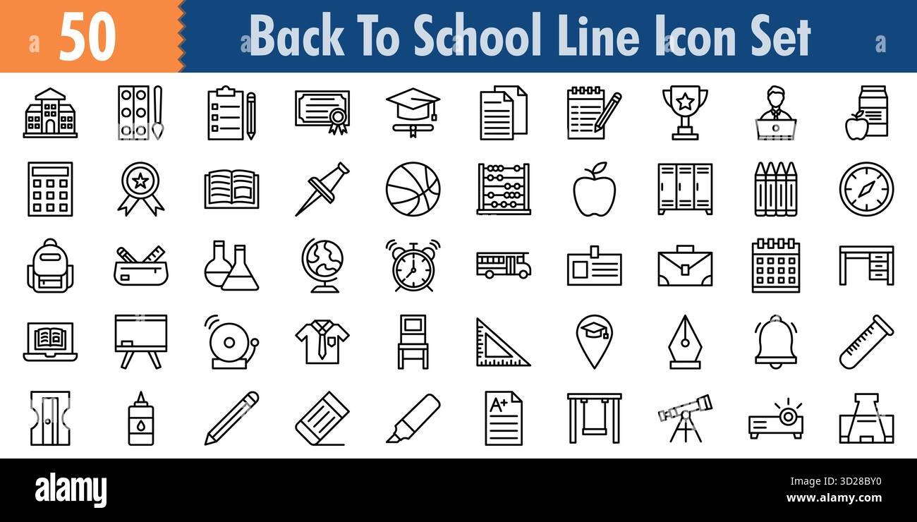 Icona Back to School impostata in minilista stile contorno e set icone trendy Illustrazione Vettoriale