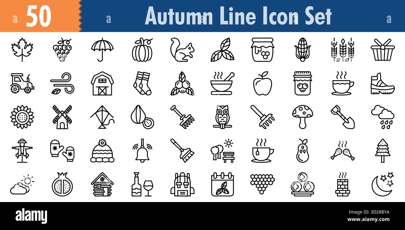 Icona autunnale con minilista stile contorno e set icone trendy Illustrazione Vettoriale