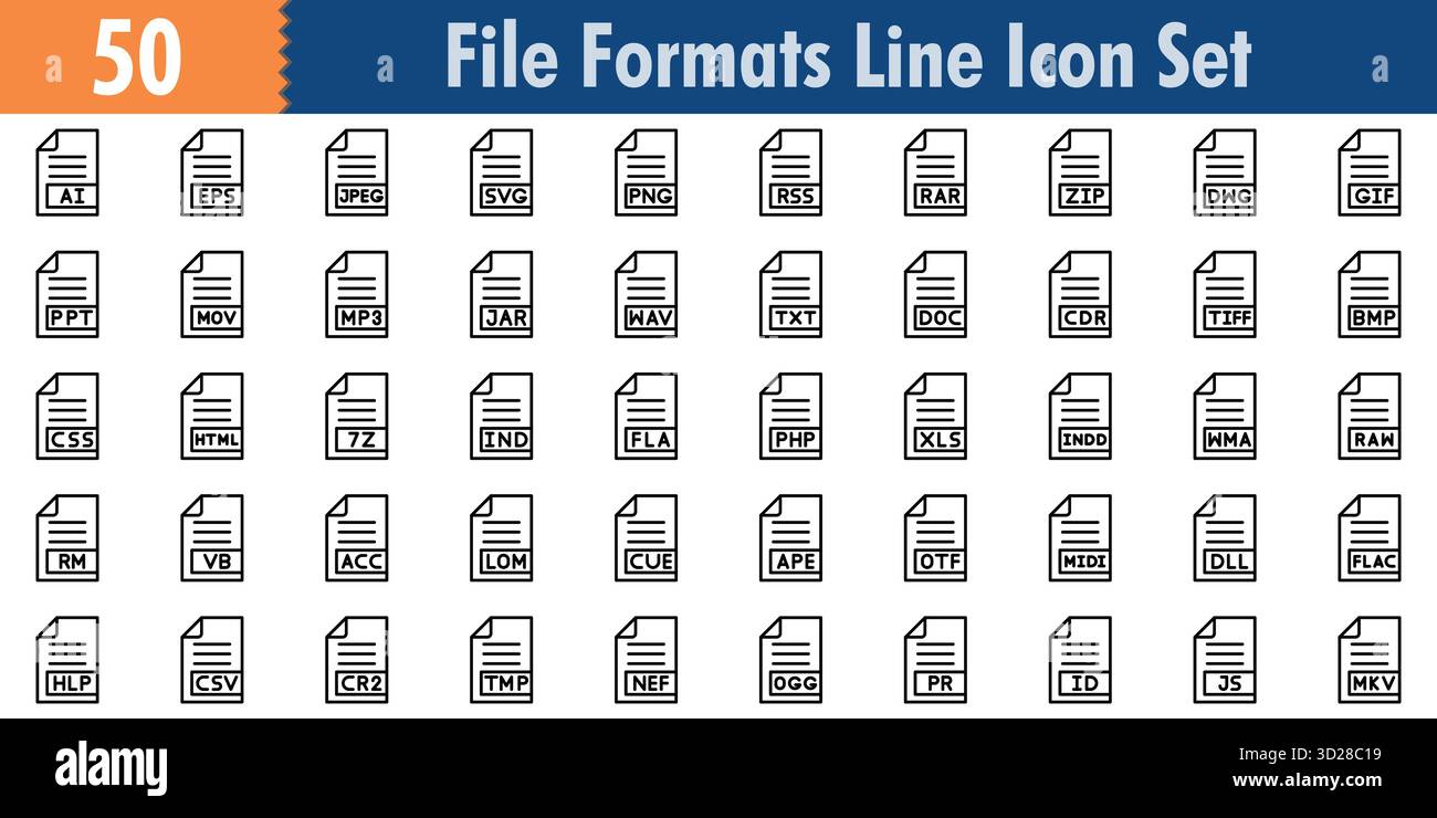 Set di icone formati file in stile contorno Minimilist e set di icone trendy Illustrazione Vettoriale