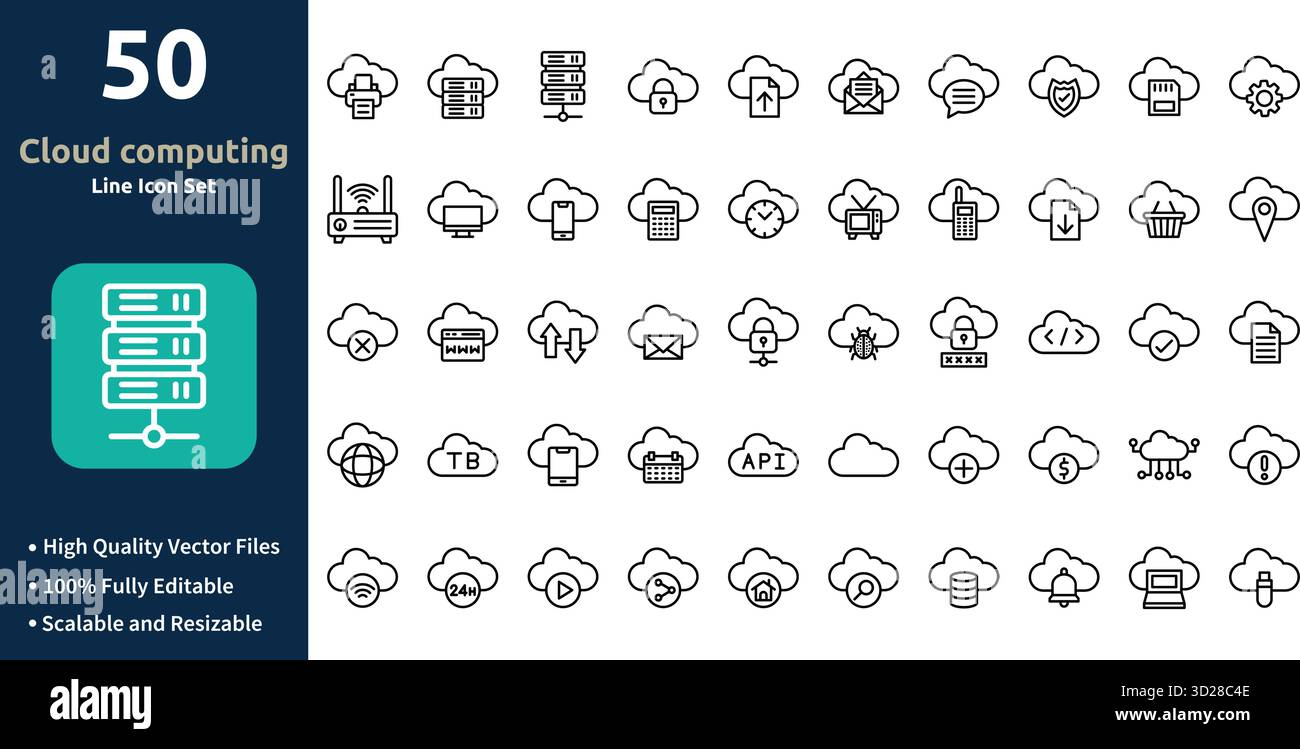 Set di icone di cloud computing in minilista stile contorno e set di icone trendy Illustrazione Vettoriale