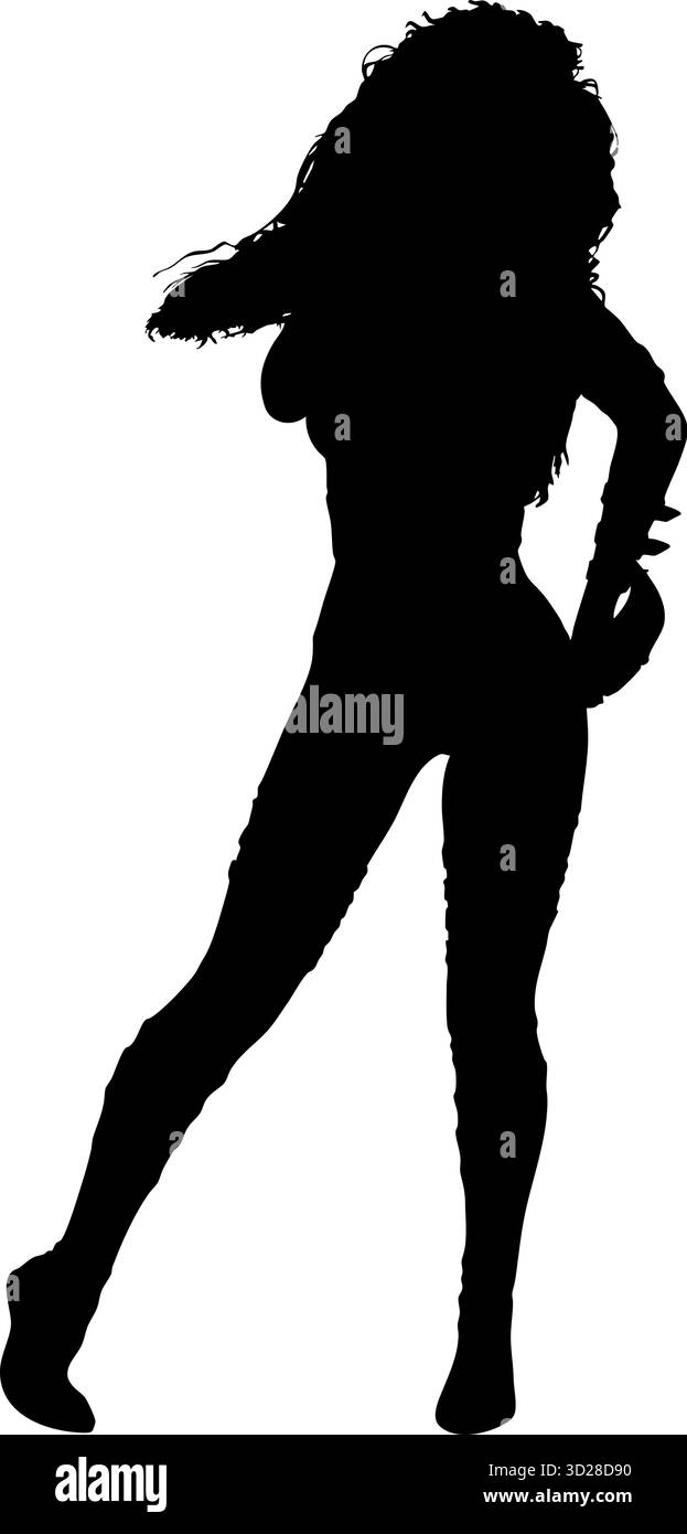 Immagine della silhouette di un guerriero femminile dinamico con lame curve. Il personaggio mostra forza, agilità e intensità di combattimento in una posizione spettacolare Illustrazione Vettoriale