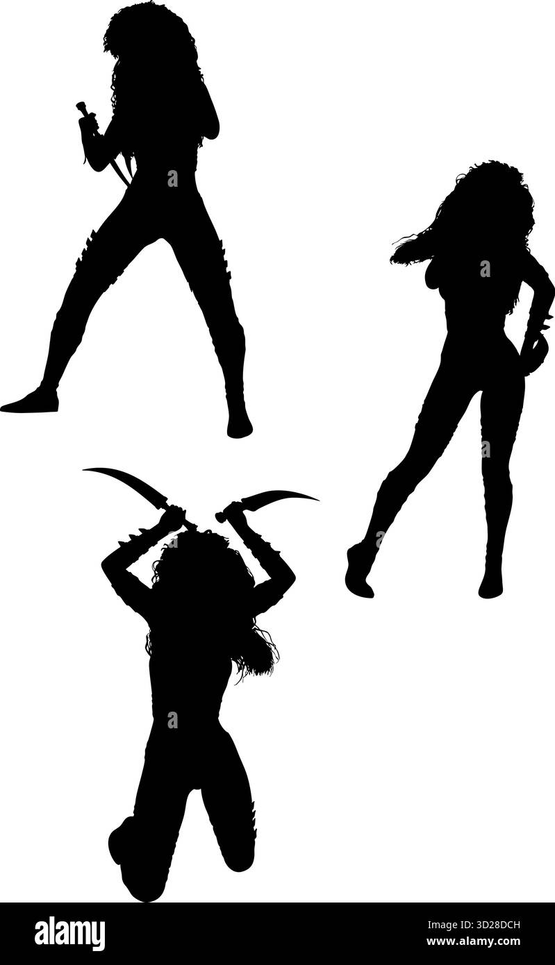 Immagine della silhouette di un guerriero femminile dinamico con lame curve. Il personaggio mostra forza, agilità e intensità di combattimento in una posizione spettacolare Illustrazione Vettoriale