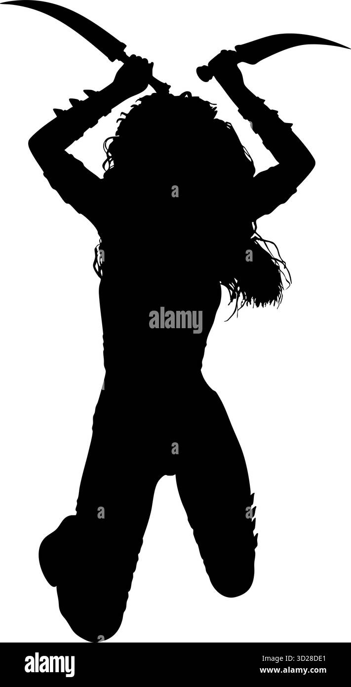 Immagine della silhouette di un guerriero femminile dinamico con lame curve. Il personaggio mostra forza, agilità e intensità di combattimento in una posizione spettacolare Illustrazione Vettoriale