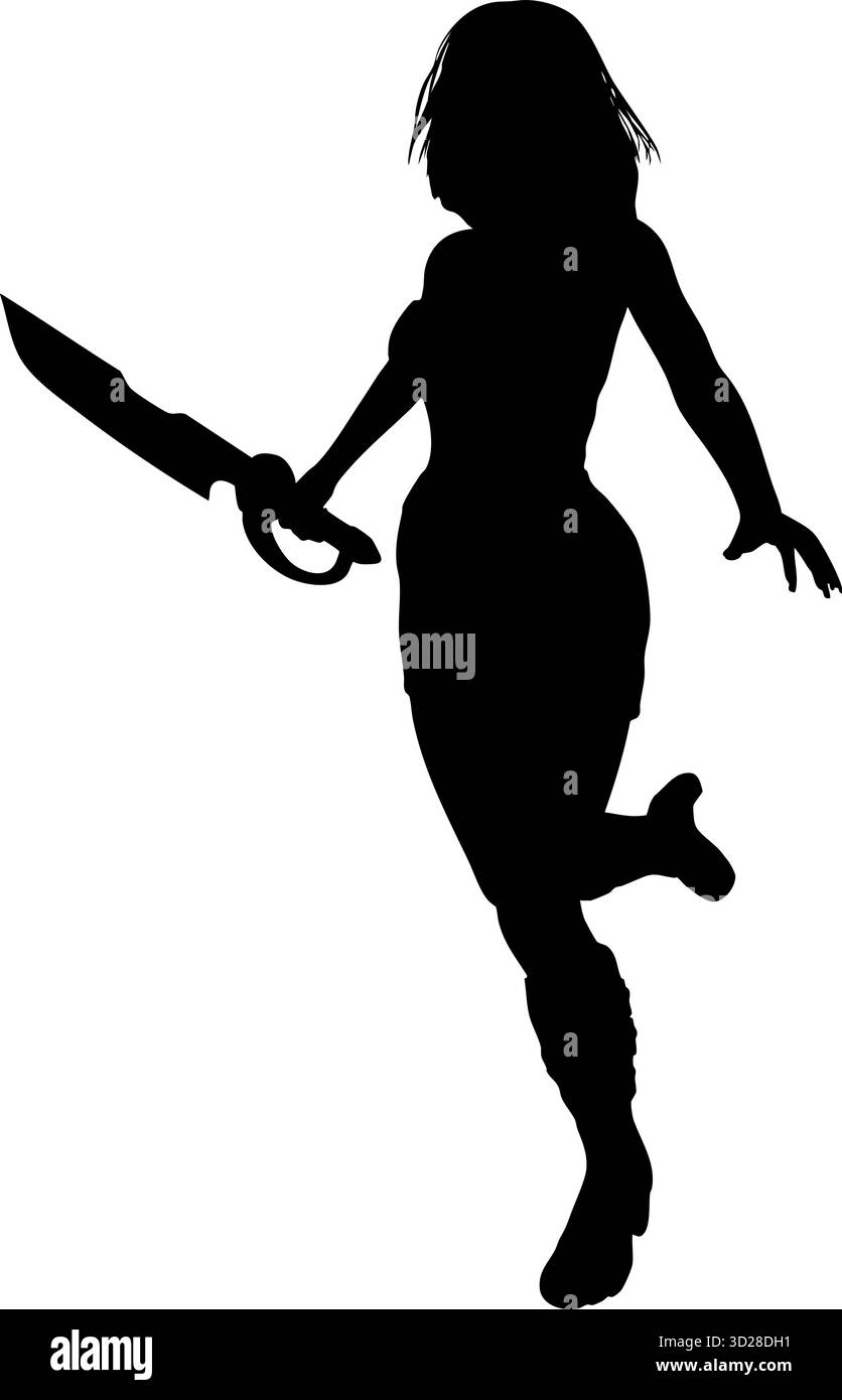 Immagine di una silhouette dinamica di una donna guerriera che regge una spada. La figura si trova in una posa d'azione, evidenziando forza, agilità e rea Illustrazione Vettoriale