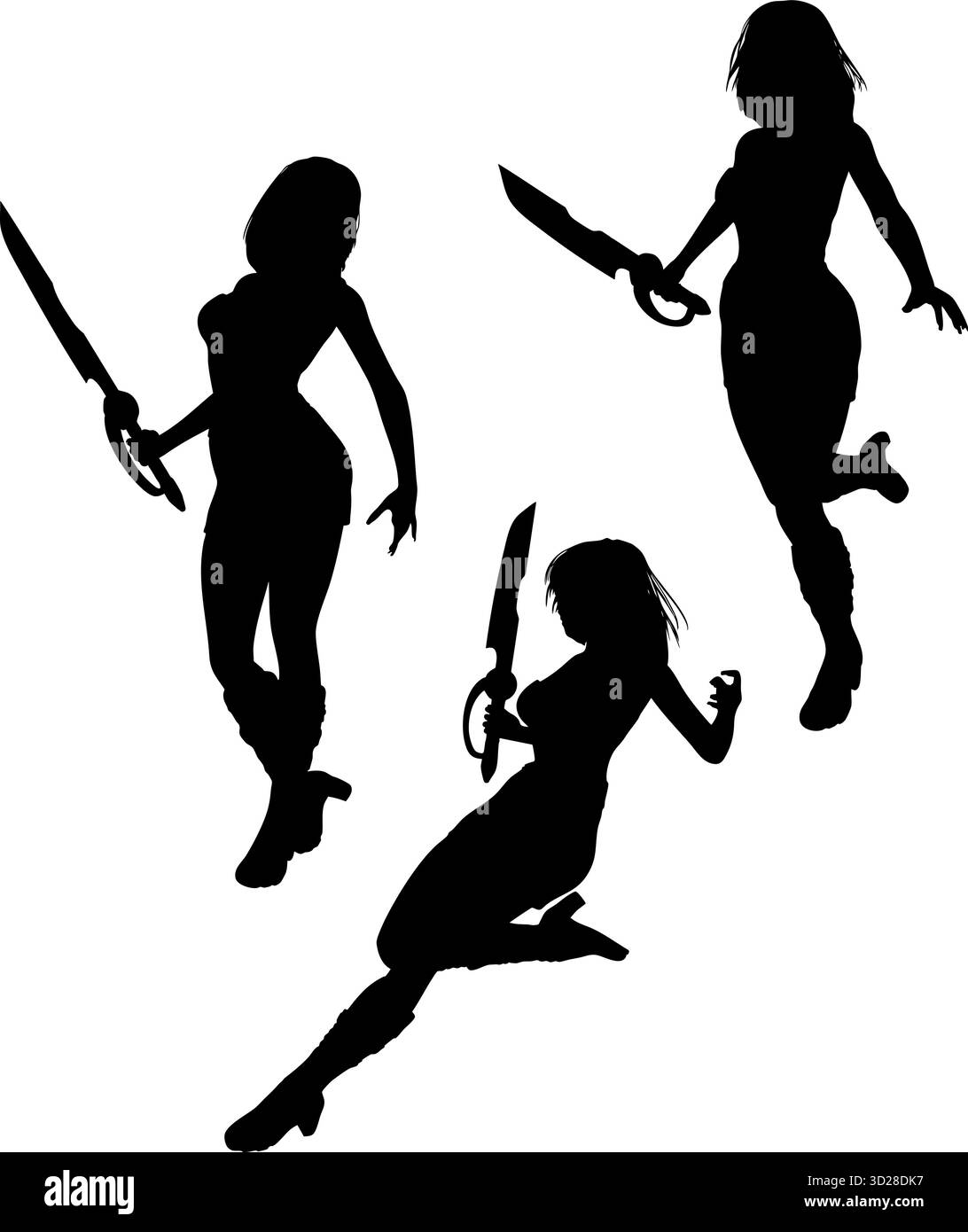 Immagine di una silhouette dinamica di una donna guerriera che regge una spada. La figura si trova in una posa d'azione, evidenziando forza, agilità e rea Illustrazione Vettoriale