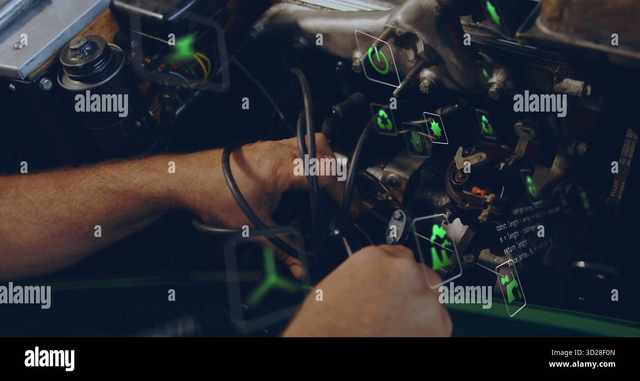 Avambracci meccanici che manipolano i fili delle candele nel vano garage, con icone diagnostiche verdi al neon Foto Stock