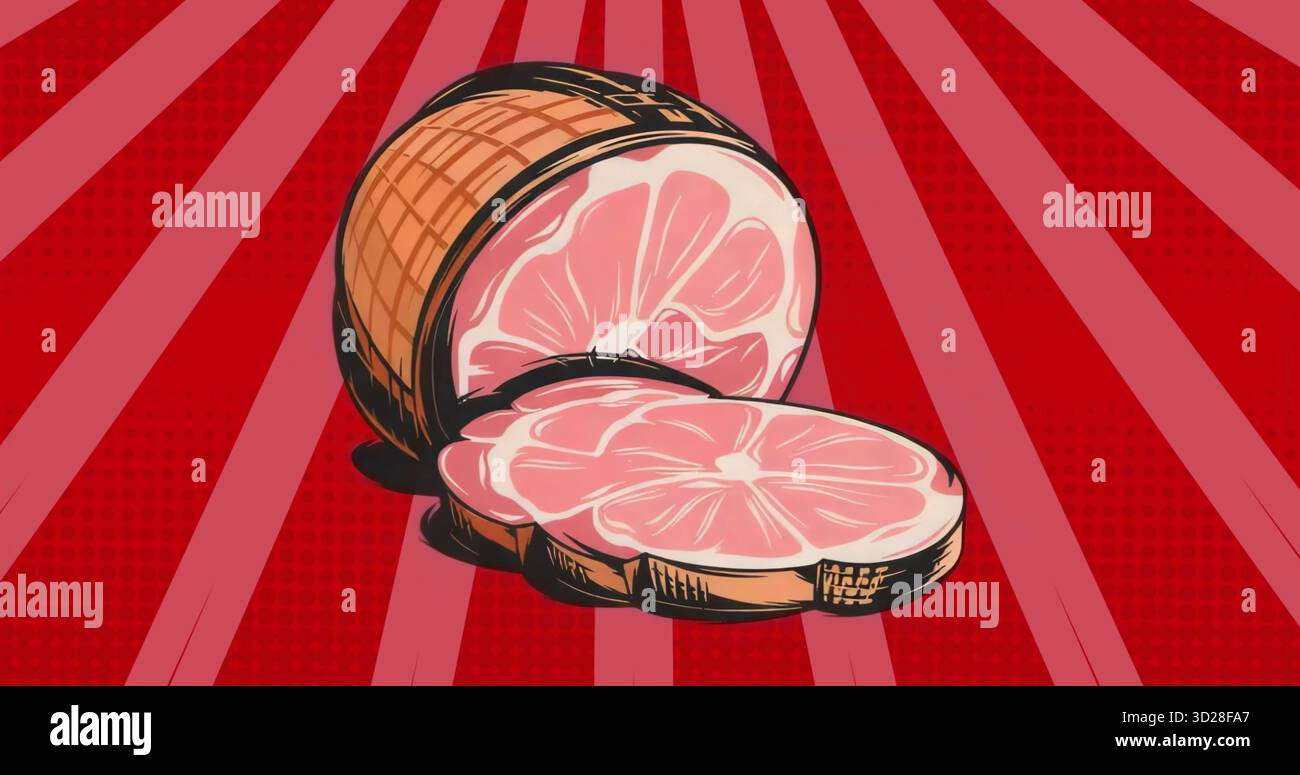 Mostra metà pompelmo e fetta in stile pop-art, con audaci polpa rosa e contorni neri Foto Stock