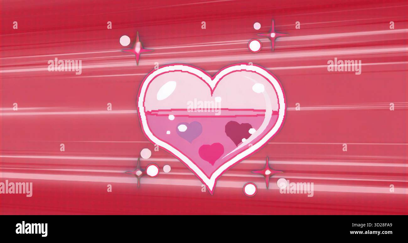 Grande cuore rosa con tre cuori più piccoli su gradiente rosso con striature chiare e scintillanti Foto Stock
