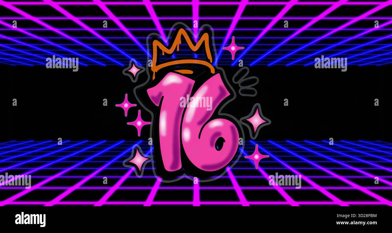 Visualizzazione della bolla rosa numero 16 con contorno nero nella griglia al neon, con corona arancione e stelle Foto Stock