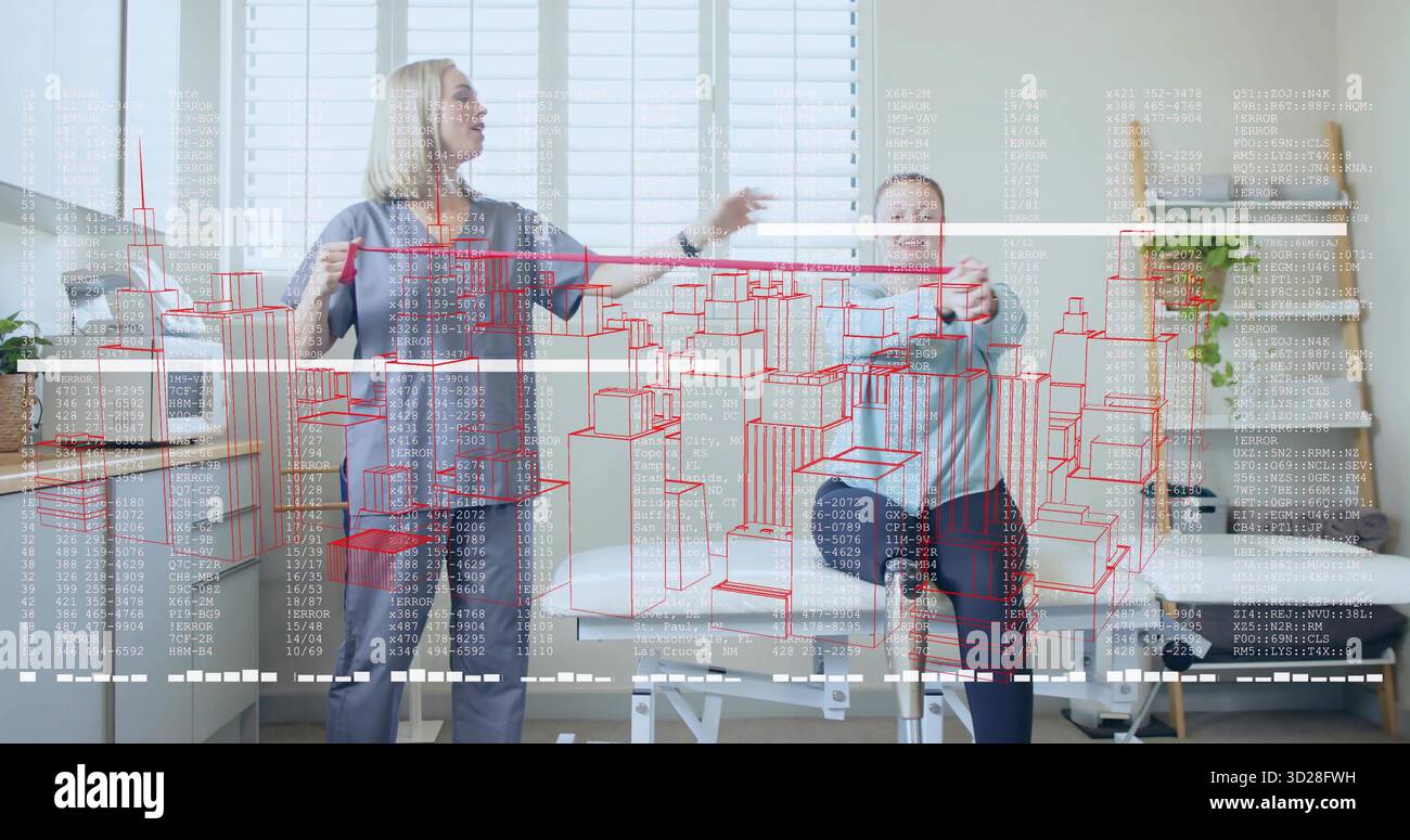 Terapeuta nell'estensione del braccio guida per scrubbing in clinica con sovrapposizione a reticolo che proietta codice numerico Foto Stock