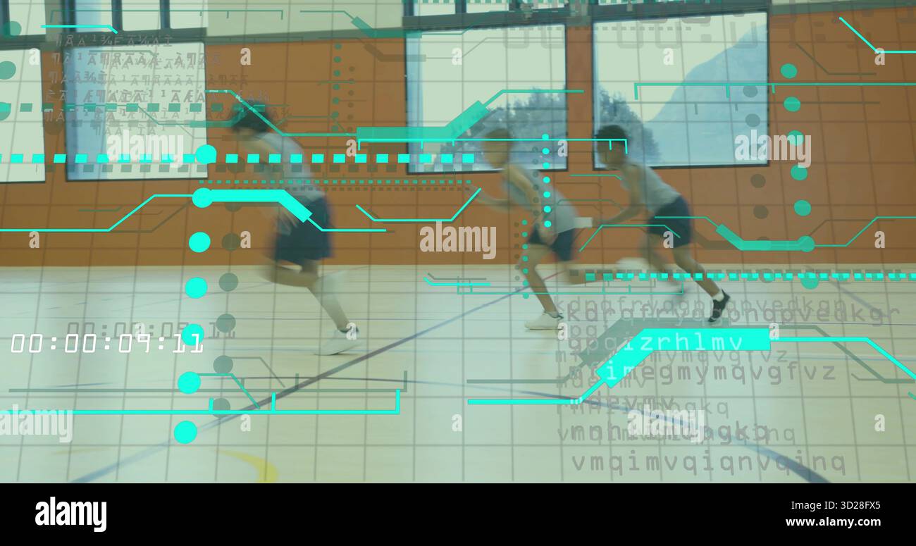 Spruzzare tre ragazzi di scuola che indossano abbigliamento atletico sul pavimento della palestra, con sovrapposizione dati turchese Foto Stock