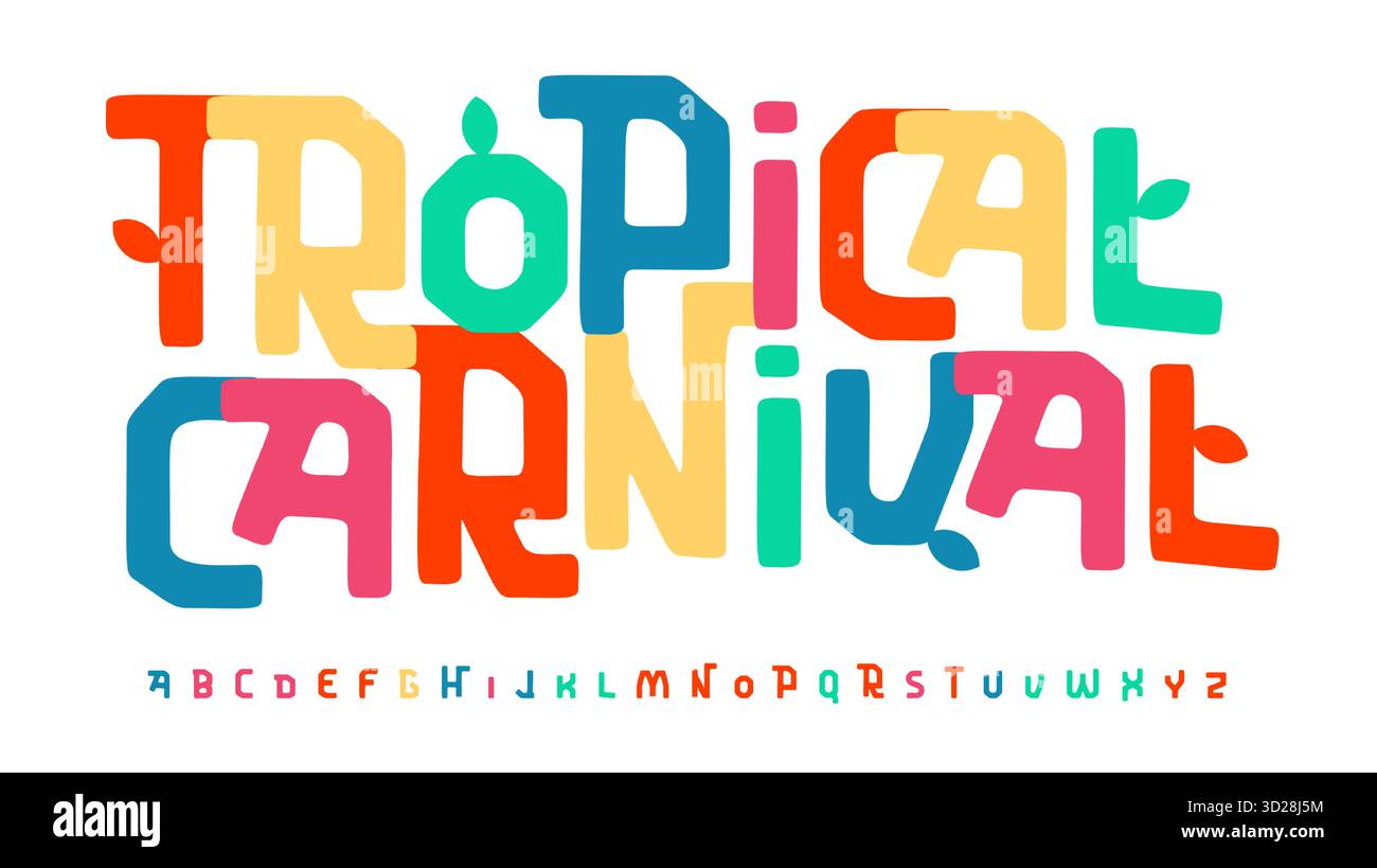 Carattere Carnevale tropicale, alfabeto colorato luminoso, lettere di cartone animato giocose, carattere funky Groovy, logo festivo gioioso, titolo comico divertente, Bouncy Illustrazione Vettoriale