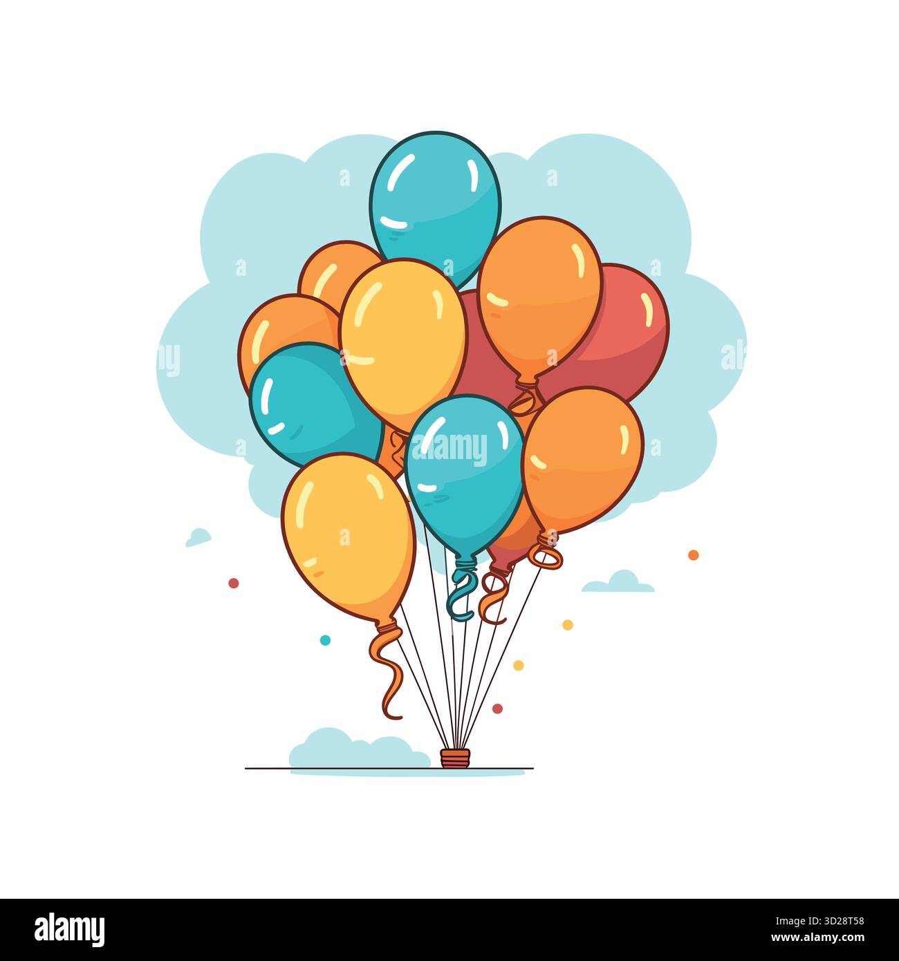 Un mucchio di palloncini colorati che fluttuano contro un cielo nuvoloso, perfetti per feste e celebrazioni Illustrazione Vettoriale