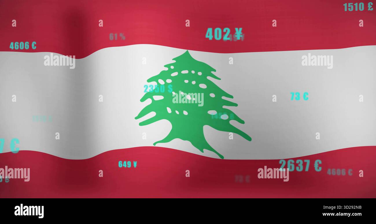 Mostra la bandiera libanese con emblema verde di cedro su tela, simboli numerici fluttuanti e di valuta Foto Stock