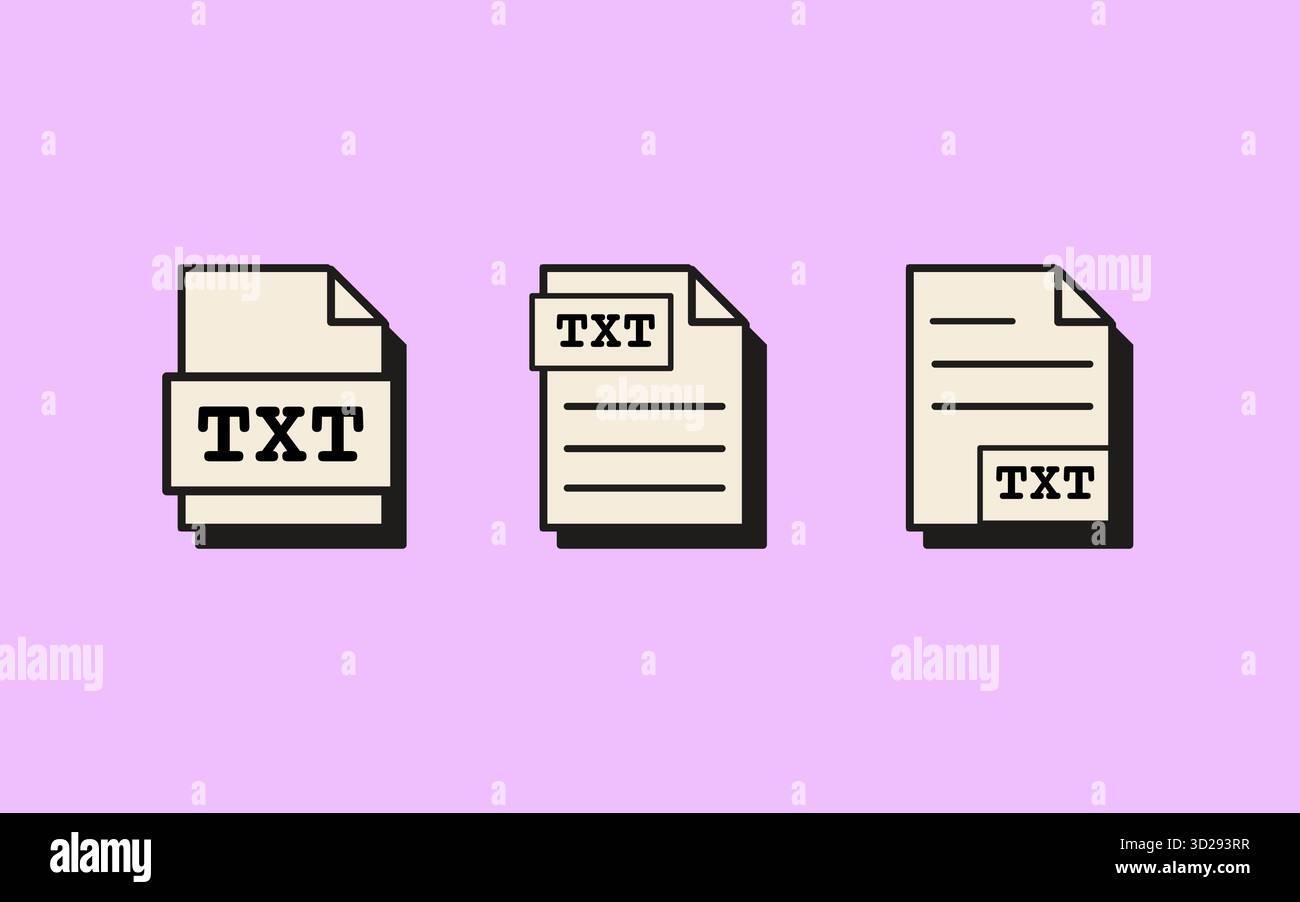 Set di icone di file TXT in stile retrò di formati di documenti di testo normale con etichette e design dell'interfaccia minimale. Illustrazione vettoriale di tipo piatto isolata su Illustrazione Vettoriale