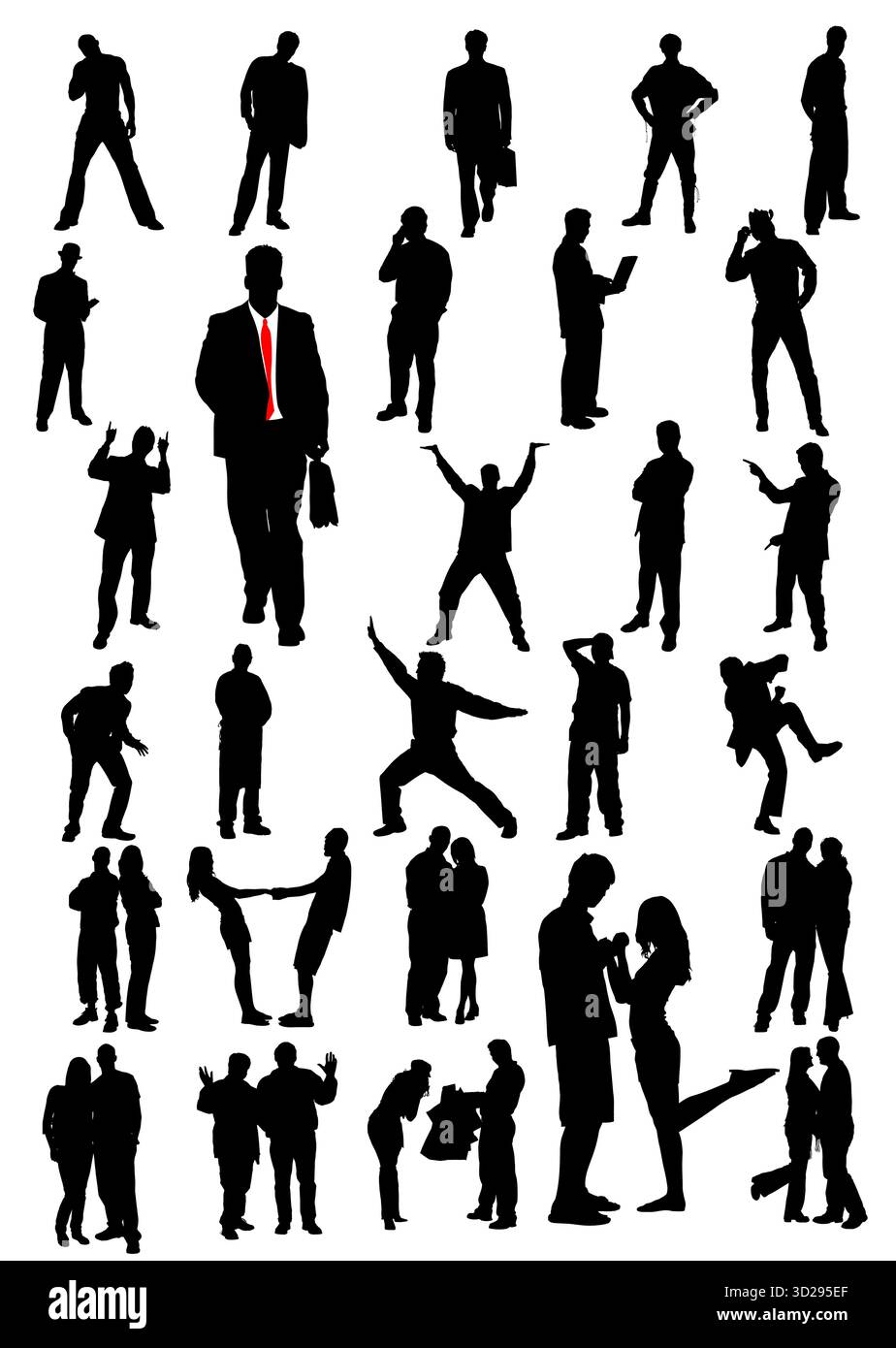 Silhouette di uomini e donne in piedi, che camminano, parlano al telefono e si impegnano in varie attività. Illustrazione disegnata a mano Illustrazione Vettoriale