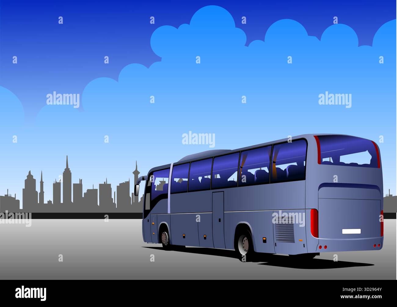 Un grande autobus turistico si trova su un parcheggio con vista sulla città sullo sfondo. Illustrazione disegnata a mano Illustrazione Vettoriale