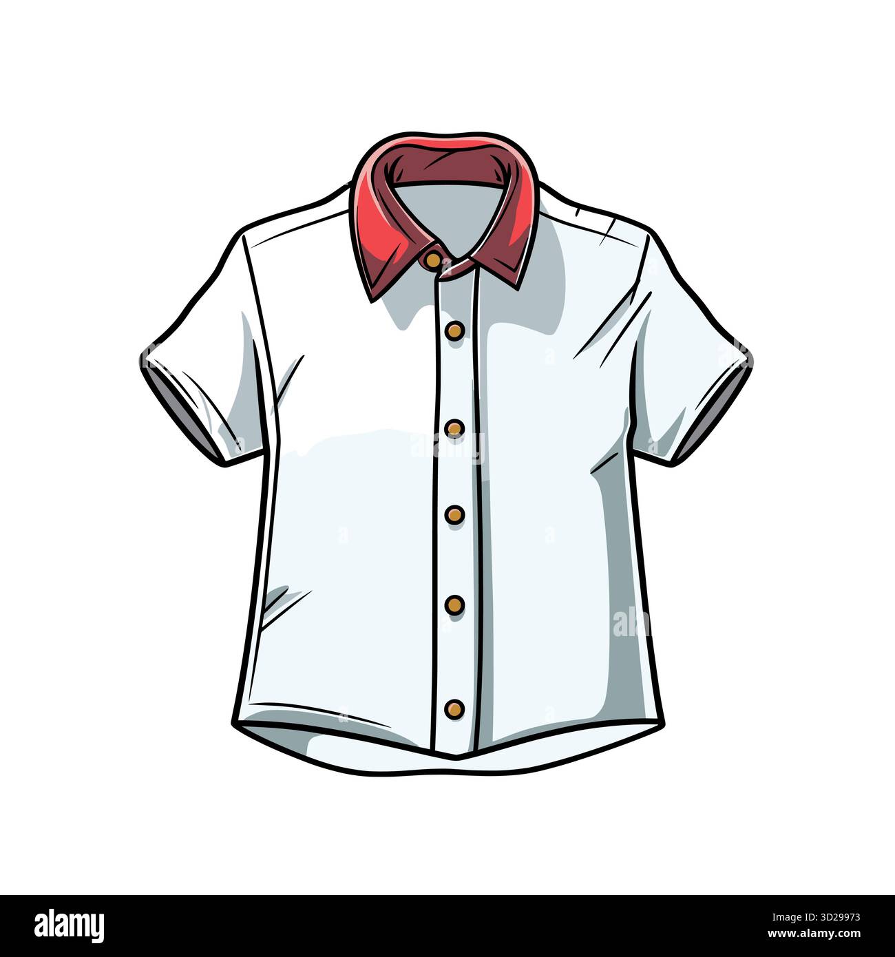 Camicia bianca con bottoni a maniche corte e colletto rosso, isolata Illustrazione Vettoriale
