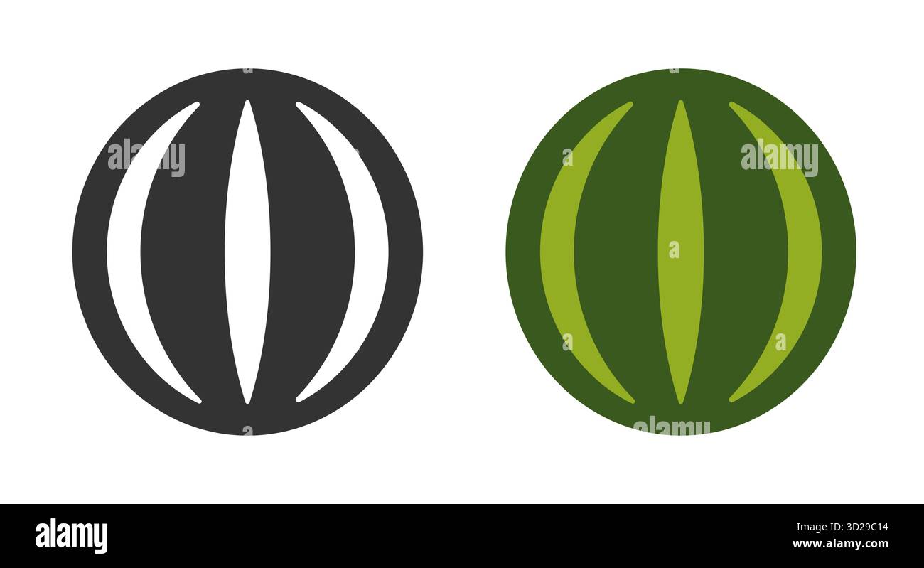 Due icone di linea rappresentano l'anguria in colori contrastanti. Un'icona è nera e l'altra è verde, evidenziando la forma e il design distintivi del frutto. Illustrazione Vettoriale