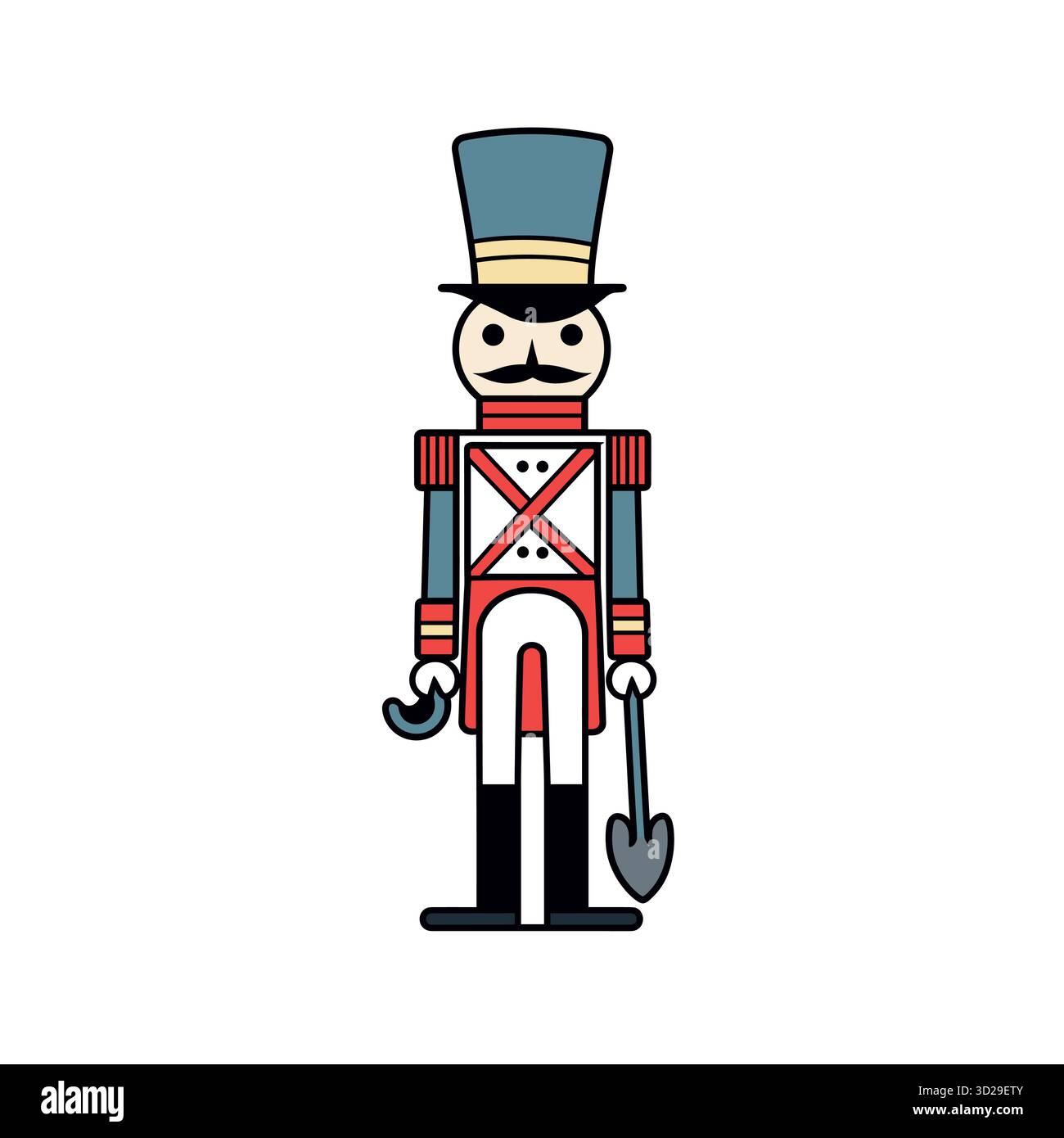 Soldato giocattolo in piedi all'attenzione con gli attrezzi su sfondo bianco Illustrazione Vettoriale