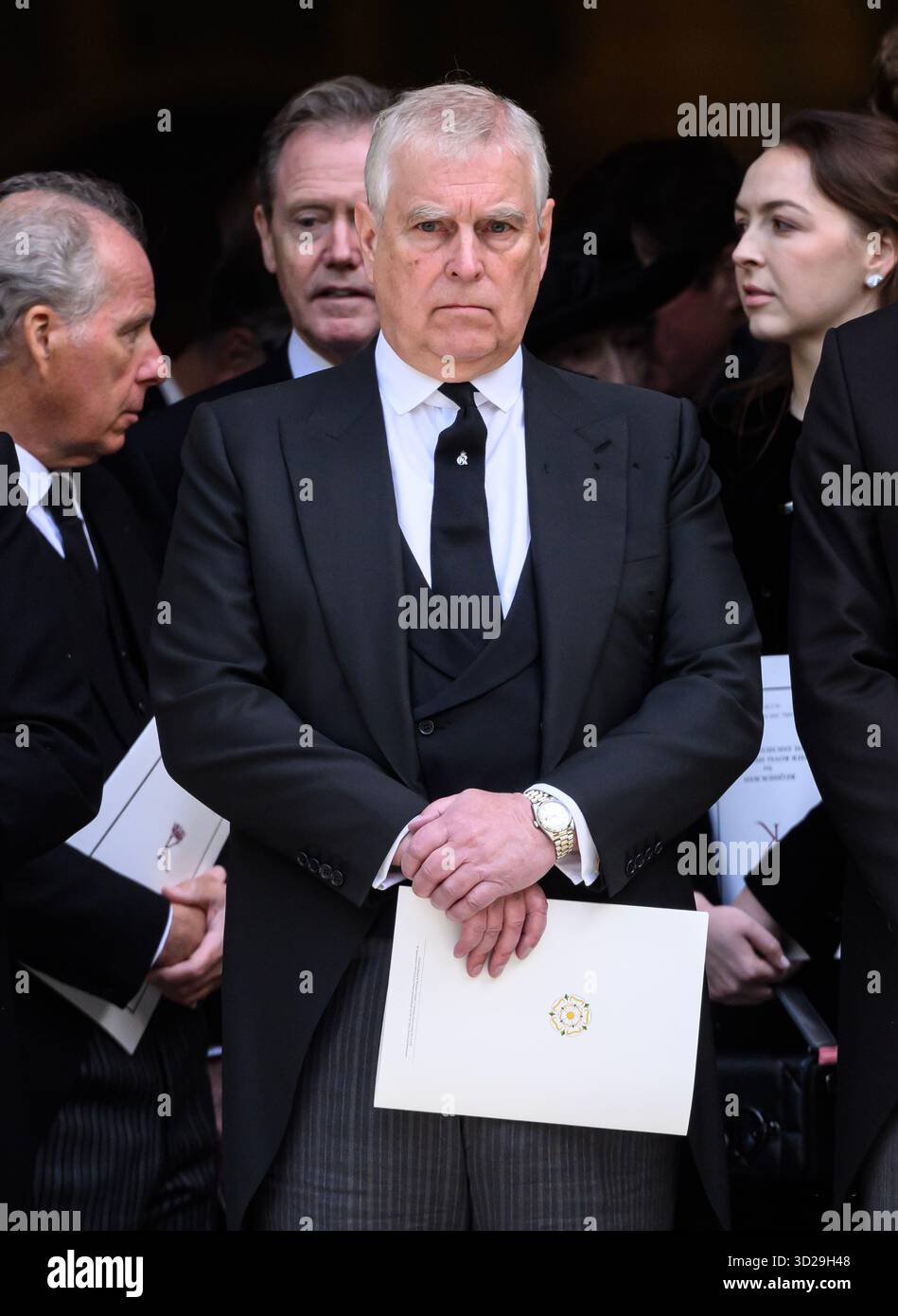 Londra, Regno Unito. 16 settembre 2025. Andrew Mountbatten Windsor, precedentemente noto come Principe Andrea, al funerale della Duchessa di Kent, Westminster Cath Foto Stock