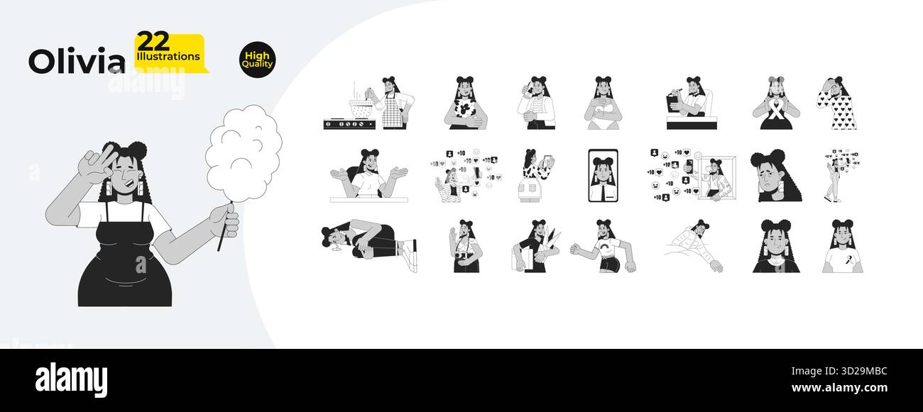 Donna ispanica curvy con emozioni, social media, stile di vita illustrazioni mega bundle Illustrazione Vettoriale
