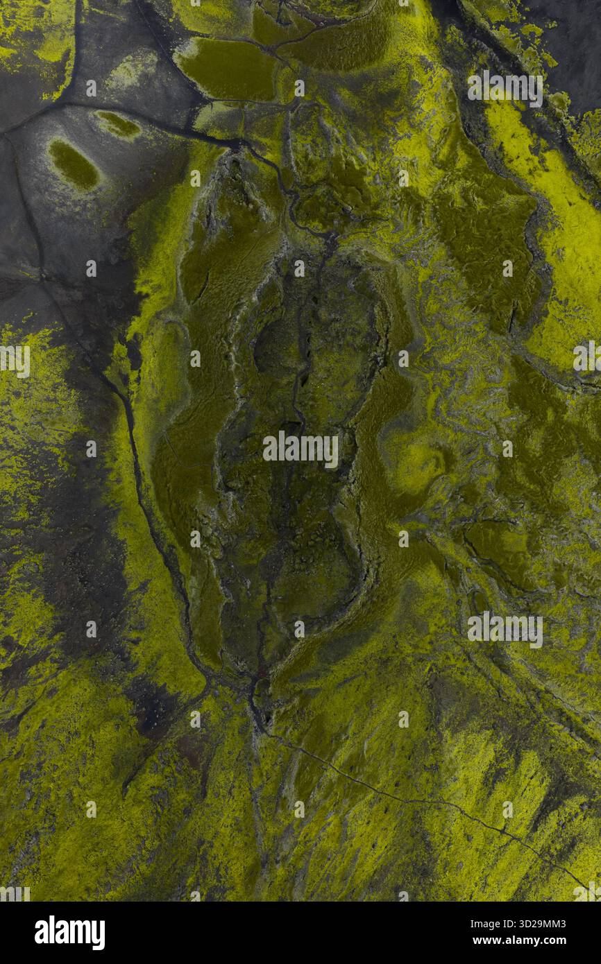 Vista aerea del paesaggio surreale coperto di muschio, un arazzo di verdi vivaci e neri acuti, altopiani d'Islanda, Sveitarfélagið Hornafjörður, Foto Stock
