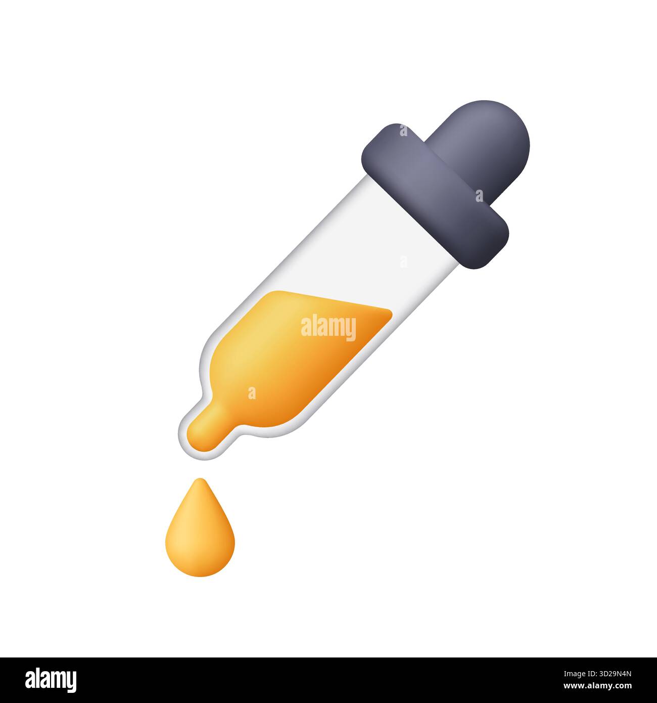 Pipetta contagocce con liquido giallo e goccioline. Selezione colori, strumenti di progettazione, scienza, medicina e creatività. icona vettoriale 3d. Cartoni animati minimal Illustrazione Vettoriale