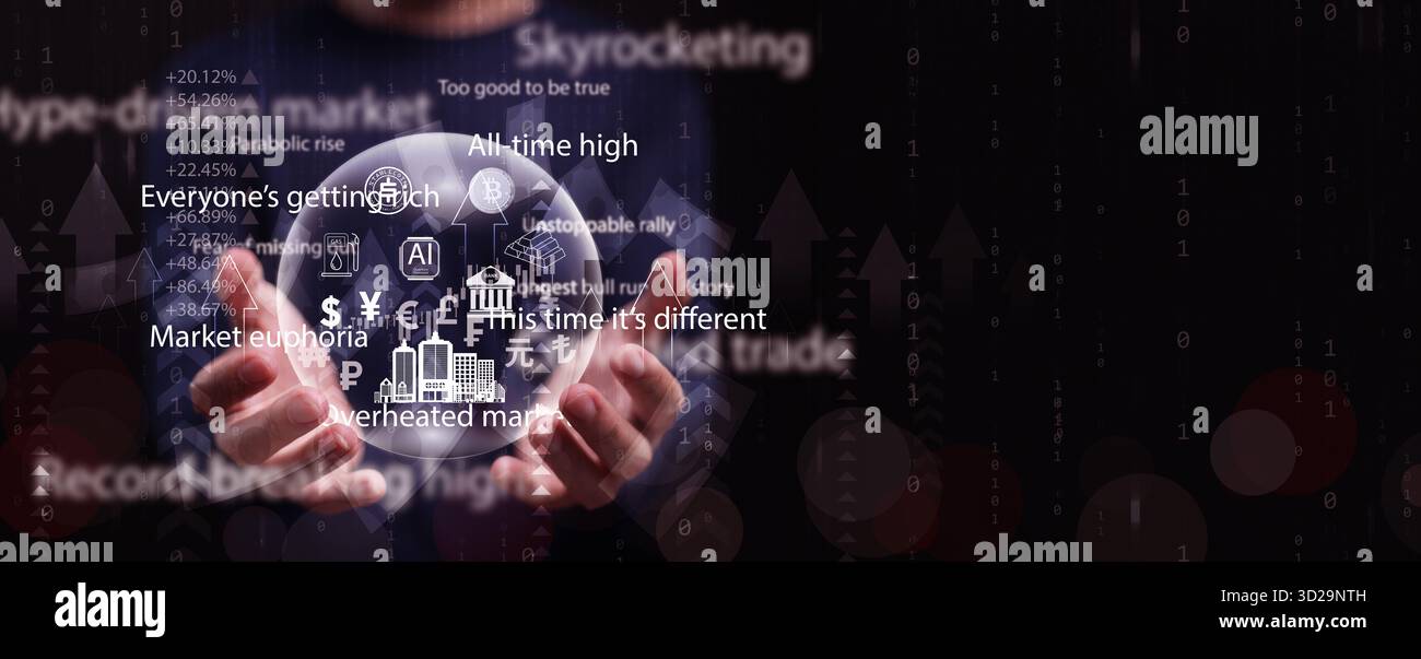 Mani che detengono una bolla luminosa piena di icone bancarie, criptovalute e finanziarie globali, simboleggiando la mania speculativa, l'euforia del mercato, il rischio Foto Stock