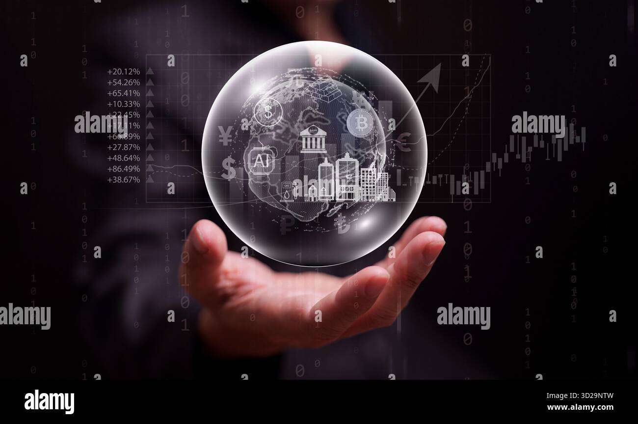Un uomo d'affari che detiene una bolla trasparente con icone bancarie globali, criptovaluta, oro, immobiliare e del mercato azionario. Un sistema finanziario fragile Foto Stock