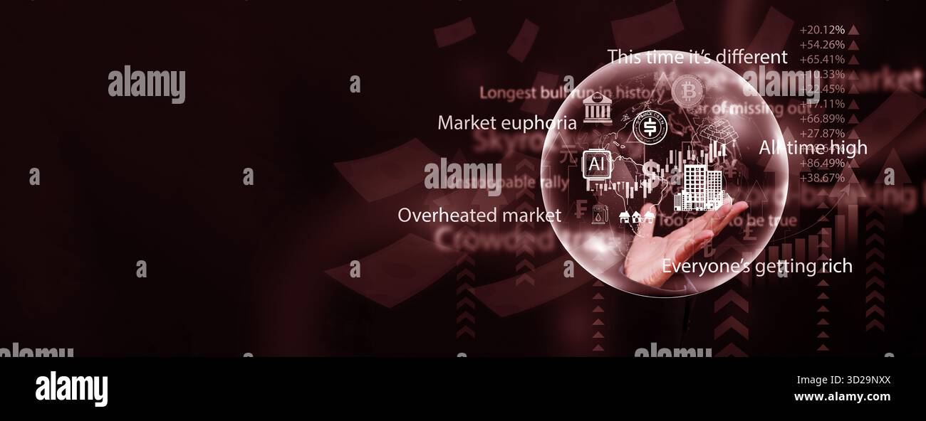 Mano che tiene in mano una bolla luminosa con icone di banche globali, criptovalute, oro, intelligenza artificiale e mercato azionario che rappresentano un'economia surriscaldata e il pericolo di un'economia Foto Stock