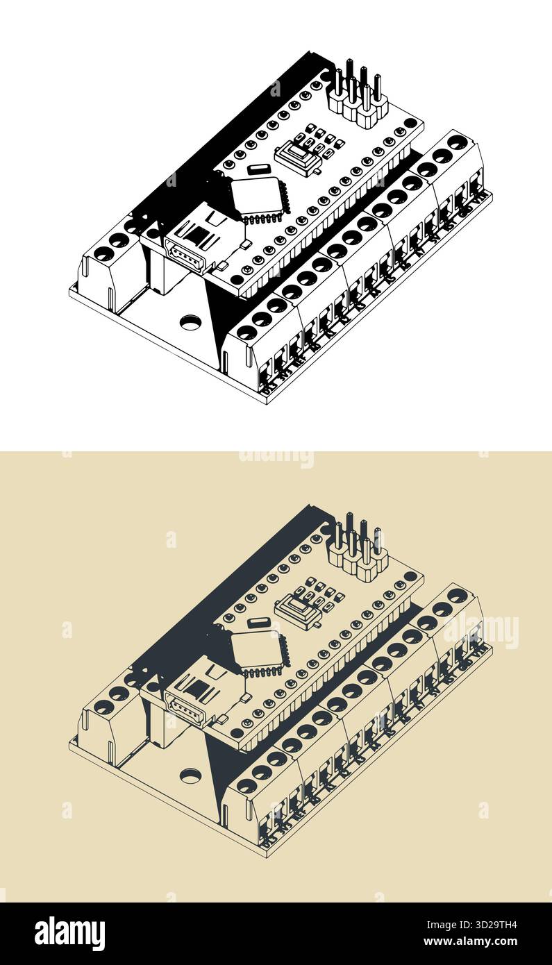 Shield io nano Arduino con scheda nano Arduino. Illustrazioni vettoriali stilizzate dell'hardware Arduino Illustrazione Vettoriale