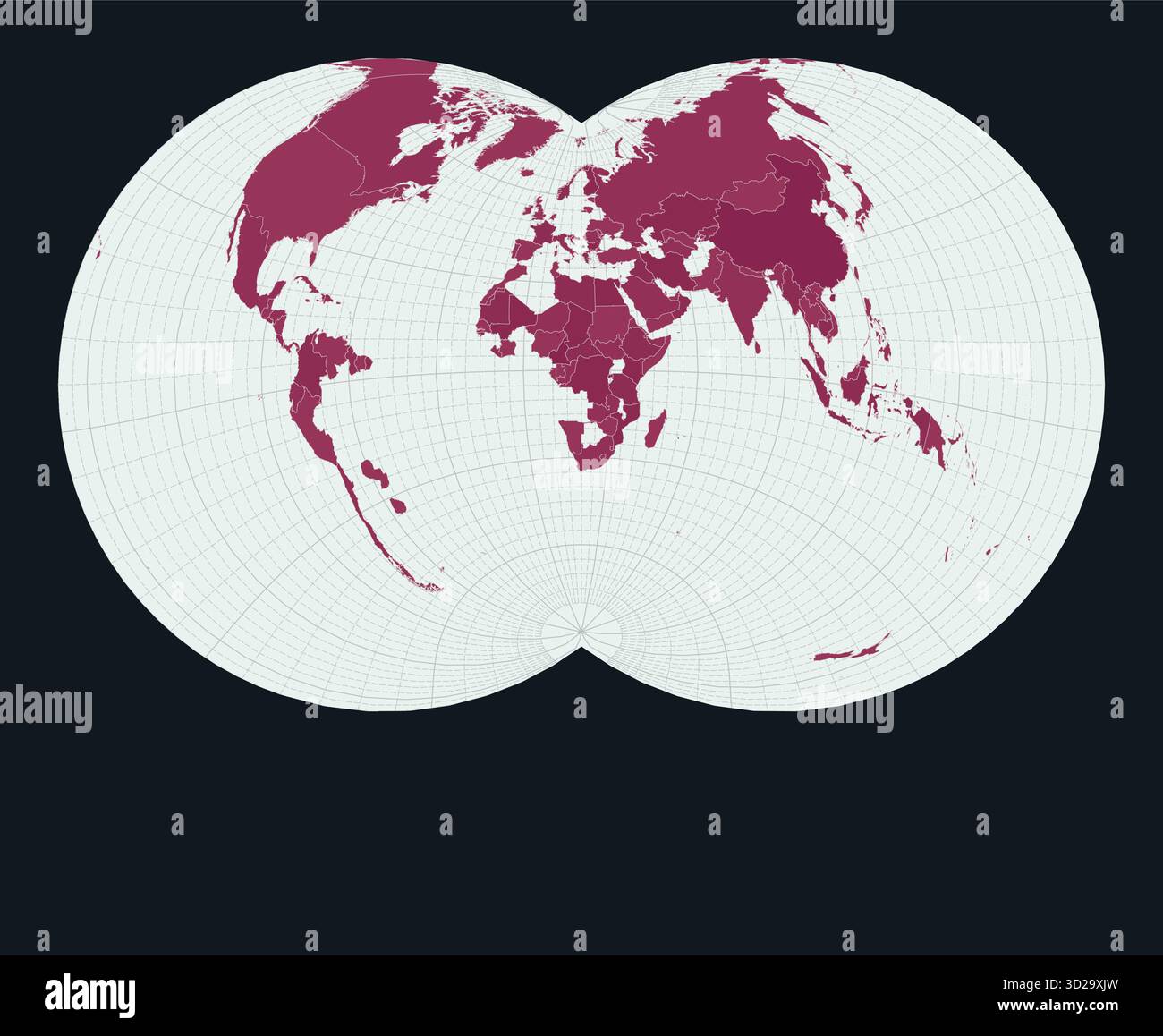 Africa. Mappa del mondo. Proiezione globulare di Nicolosi incentrata sull'Africa. Pallido Mint e rosa scuro. Texture vintage. Illustrazione vettoriale artistica. Illustrazione Vettoriale